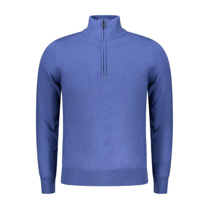 Solid rifle blue wool herresweater med halvrækslutter, lange ærmer, ribkrave og manchetter