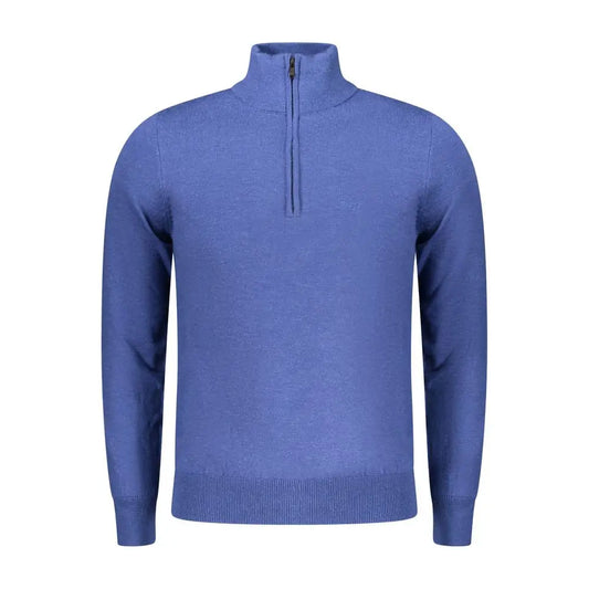 Solid rifle blue wool herresweater med halvrækslutter, lange ærmer, ribkrave og manchetter