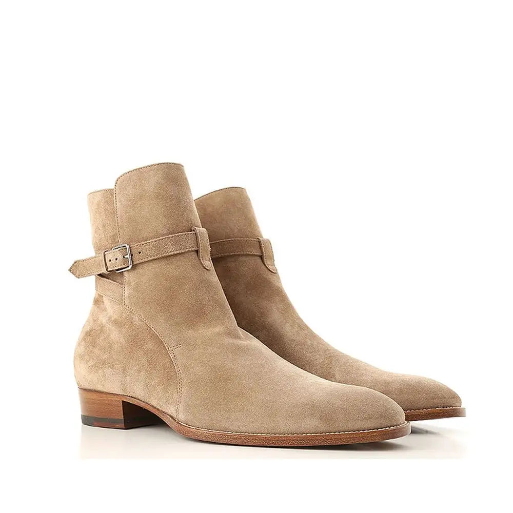 Saint Laurent beige calfskin ankle boots i høj kvalitet med tan suede og sølvspænde