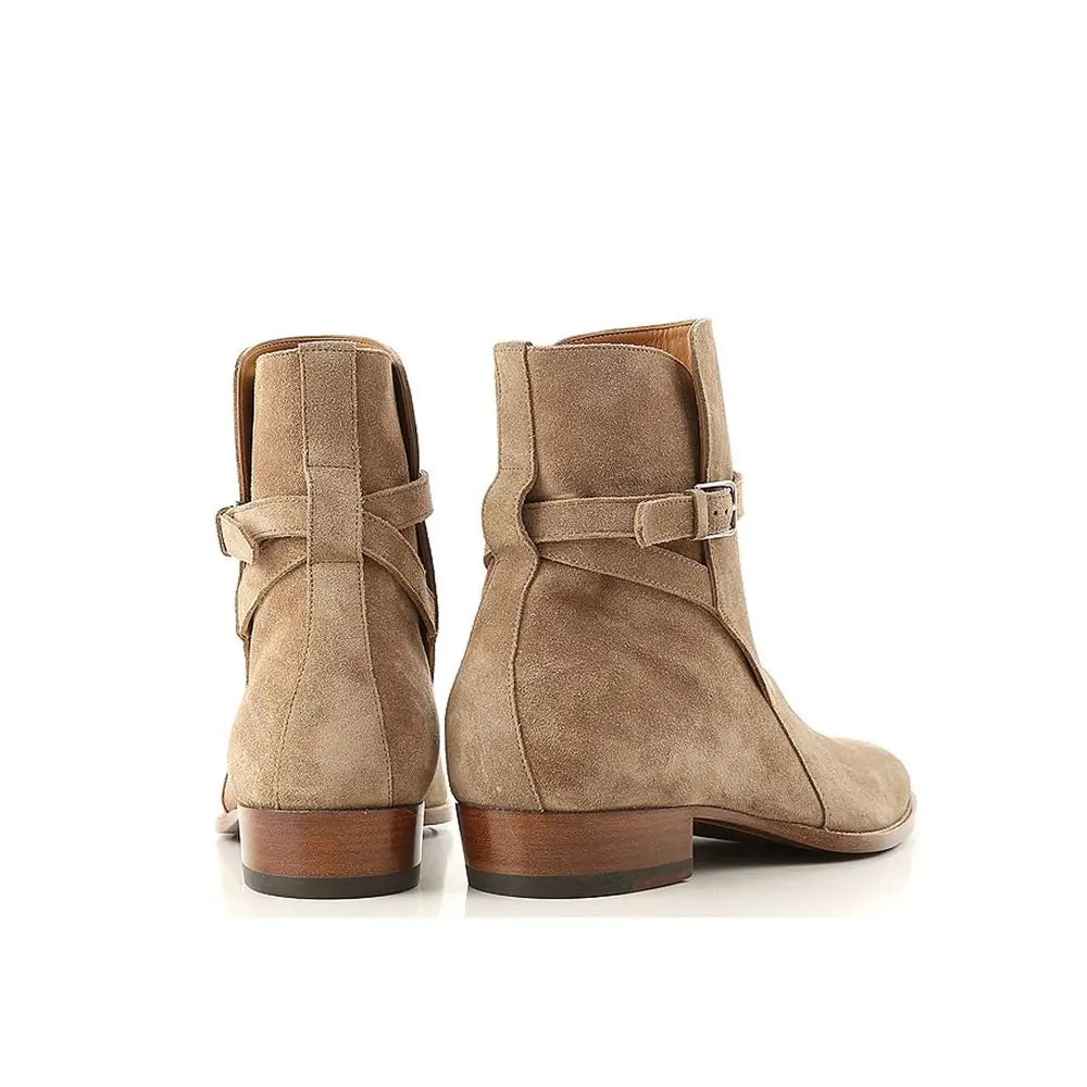 Saint Laurent beige calfskin ankle boots med lav træhæl og sølvspænde, høj kvalitet