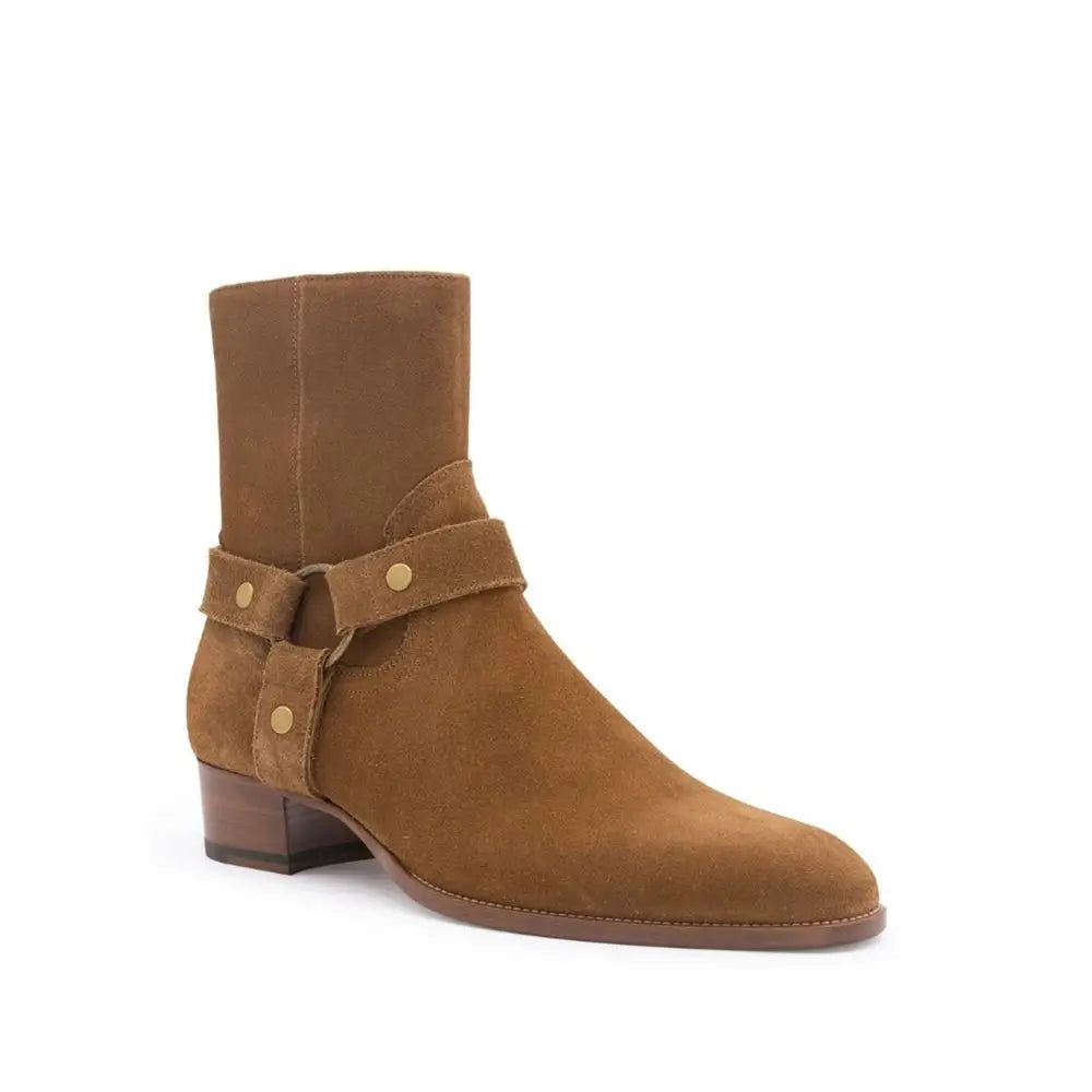 Saint Laurent brun kalveskind ankle boots med guldstuds