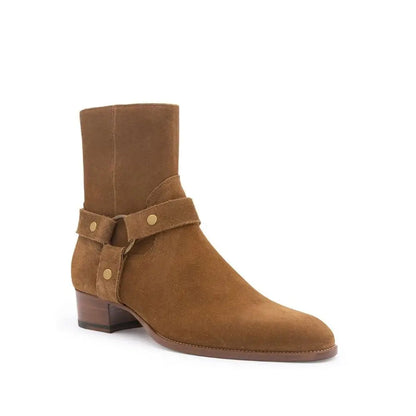 Saint Laurent brun kalveskind ankle boots med guldstuds