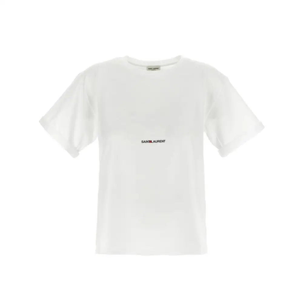 Saint Laurent hvide bomuld t-shirt med minimalistisk logo i sort og rød
