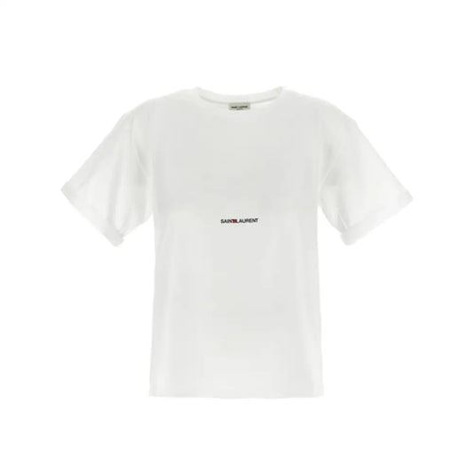 Saint Laurent hvide bomuld t-shirt med minimalistisk logo i sort og rød