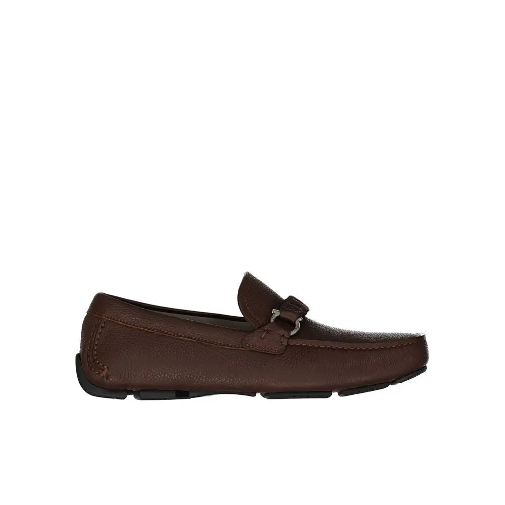Salvatore Ferragamo brown calfskin slip-on loafers with silver buckle