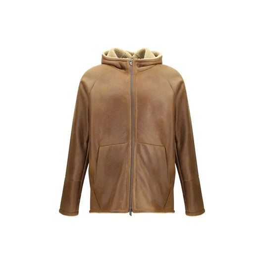 Tan læderhooded jakke med beige fleecefor og to forlommer fra Salvatore Santoro shearling