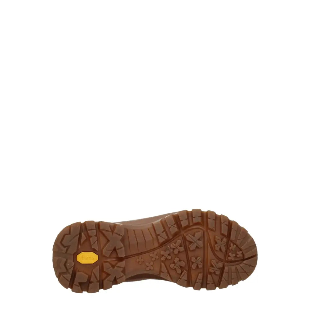 Stella McCartney brun lædersko med gul Vibram-logo og mønstret gummisål