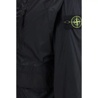 Sort Stone Island moderne blå polyamidfrakke med sort jakke og gul logo