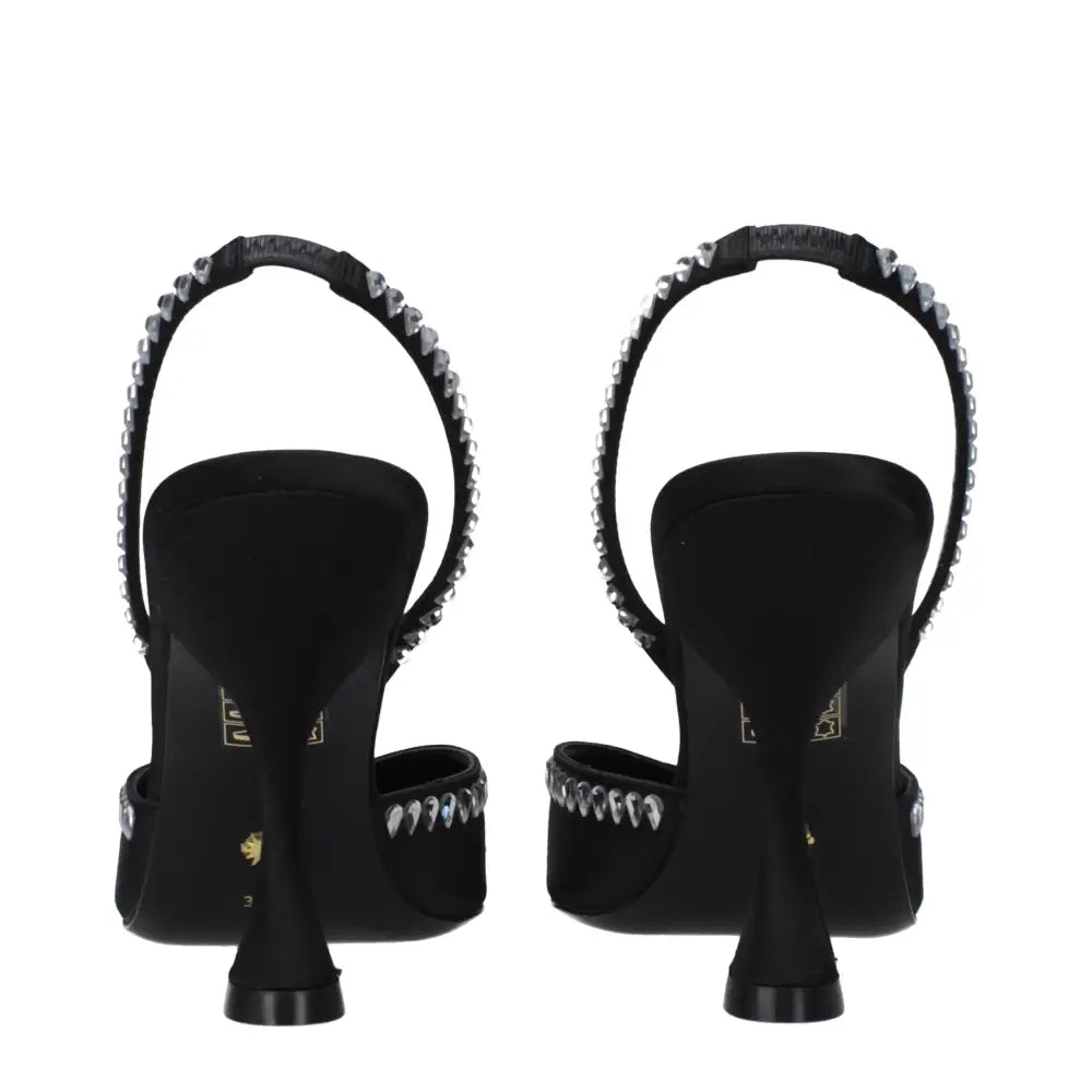 Stuart Weitzman black satin stiletto heel sandals with studded strap