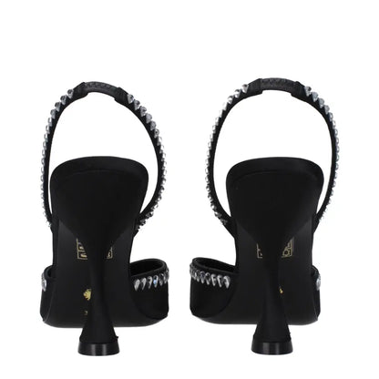 Stuart Weitzman black satin stiletto heel sandals with studded strap