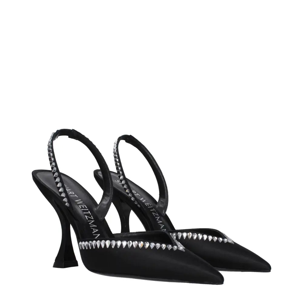 Stuart Weitzman black satin stiletto slingback heels with crystal toe