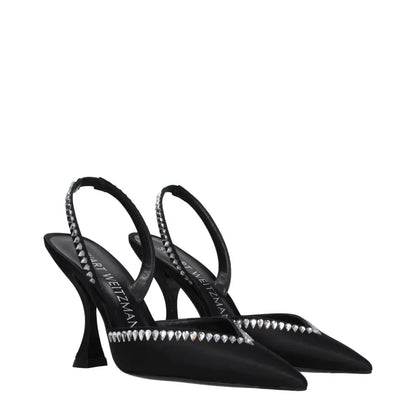 Stuart Weitzman black satin stiletto slingback heels with crystal toe