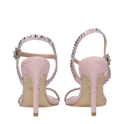 Stuart Weitzman pink suede stiletto heel sandals with silver rhinestones