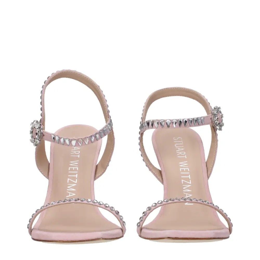 Stuart Weitzman pink suede stiletto sandals with silver crystals