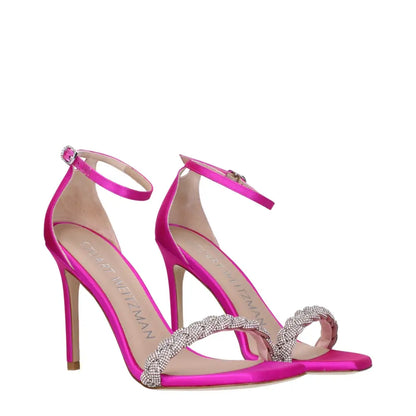 Stuart Weitzman pink satin stiletto heel sandals with crystal strap