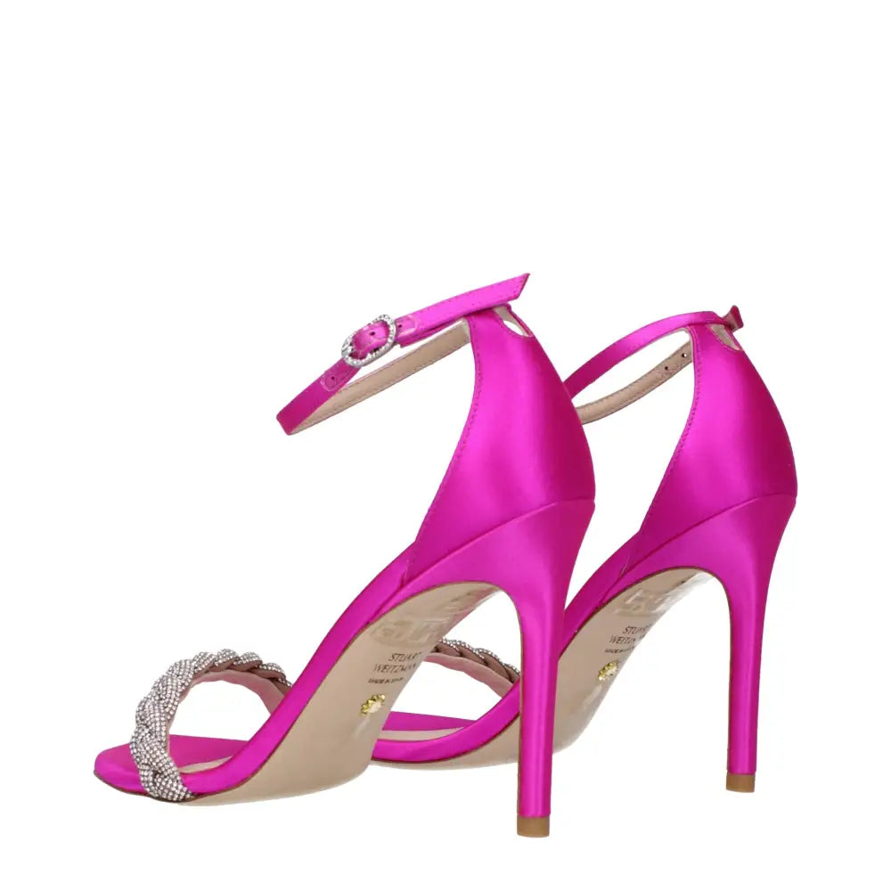 Stuart Weitzman pink satin stiletto heels with fuchsia beaded straps