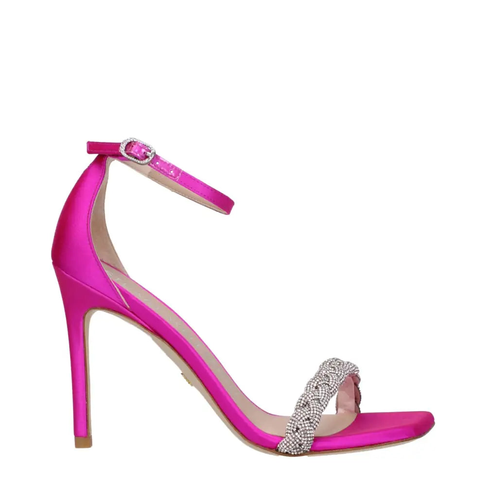 Stuart Weitzman pink satin stiletto heel sandal med krystalbelagt strop og ankelspænde