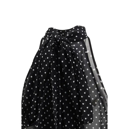 Tom Ford black silk top med sort gennemsigtigt polkaprikker tørklæde med hvidt bånd