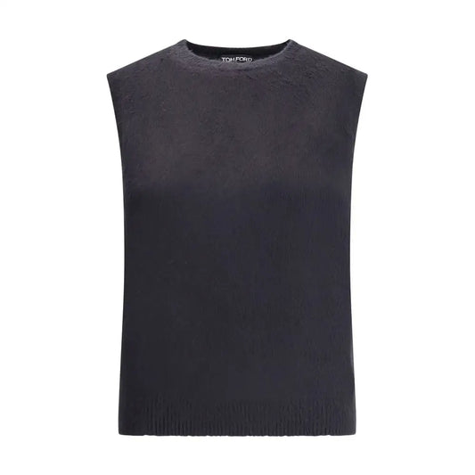 Tom Ford black silk sleeveless knit top with ribbed hem