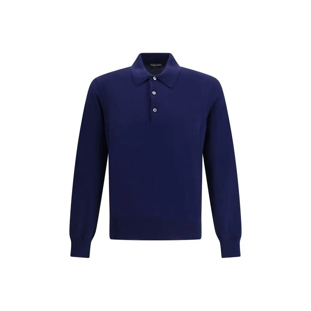 Tom Ford blå bomuldspolo med klassisk krave og hvide knapper