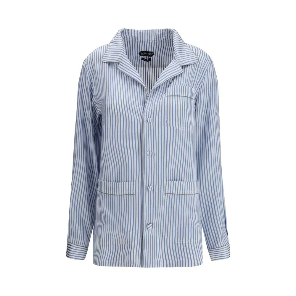 Tom Ford multicolor blå og hvid stribet silke pyjamas top med knapforan og flaplommer