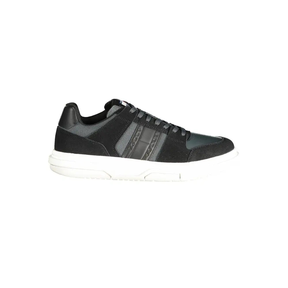 Tommy Hilfiger black suede sneaker with gray accents and white sole