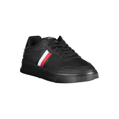 Tommy Hilfiger sorte polyester sneakers med rød, hvid og marine blå stribe