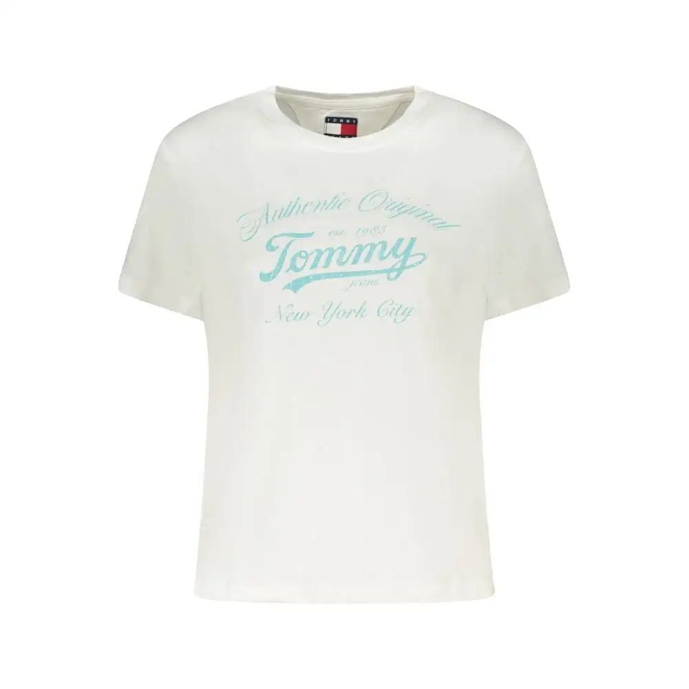 Tommy Hilfiger hvid bomuld T-shirt med tealgul logo, outlet mærkevare