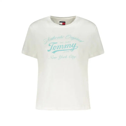 Tommy Hilfiger hvid bomuld T-shirt med tealgul logo, outlet mærkevare