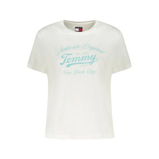 Tommy Hilfiger hvid bomuld T-shirt med tealgul logo, outlet mærkevare