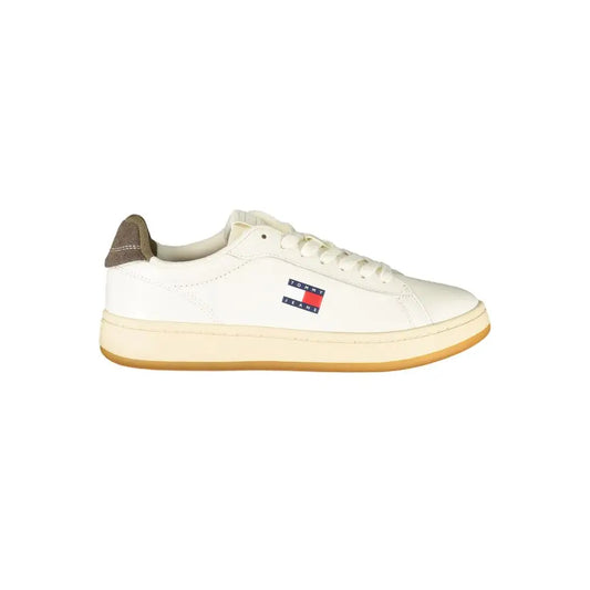 Tommy Hilfiger hvide lædersko med beige gummisål og brun suede hæl