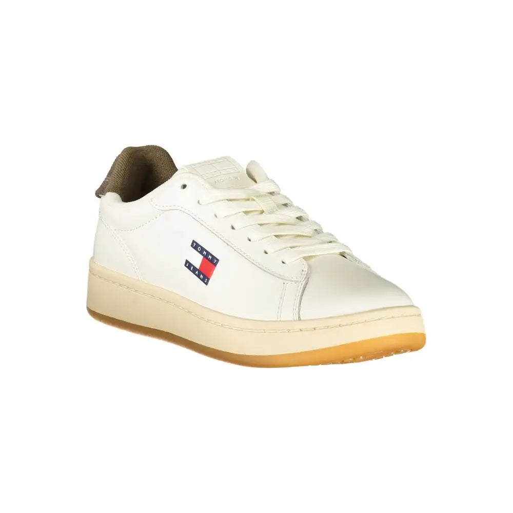 Tommy Hilfiger hvide lædersko med tan gummisål og flag-logo, 100% originale