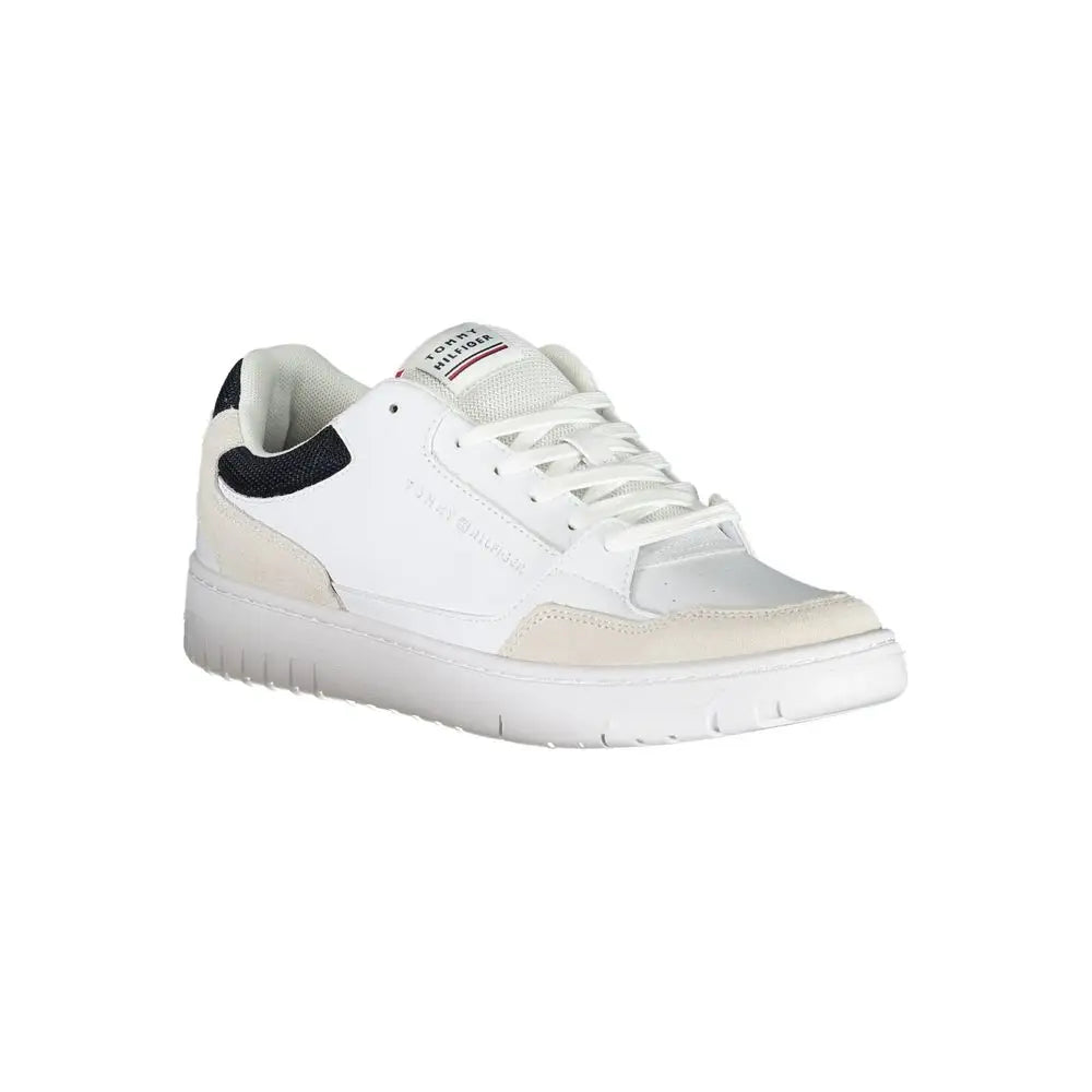 Tommy hilfiger white polyethylene mænds sneakers med sort og beige accenter