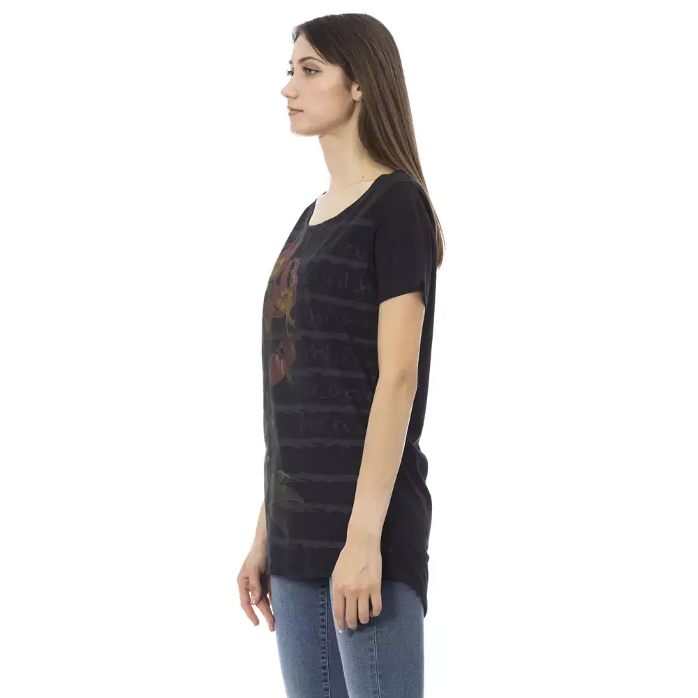 Trussardi Action sortærmet sort bomuldst-shirt med blomstermotiv og striber