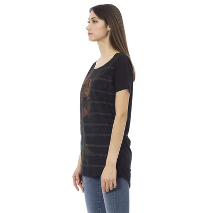 Trussardi Action sortærmet sort bomuldst-shirt med blomstermotiv og striber