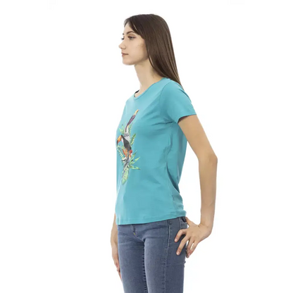 Trussardi Action light blue cotton kvinders t-shirt med turkis toucan-motiv