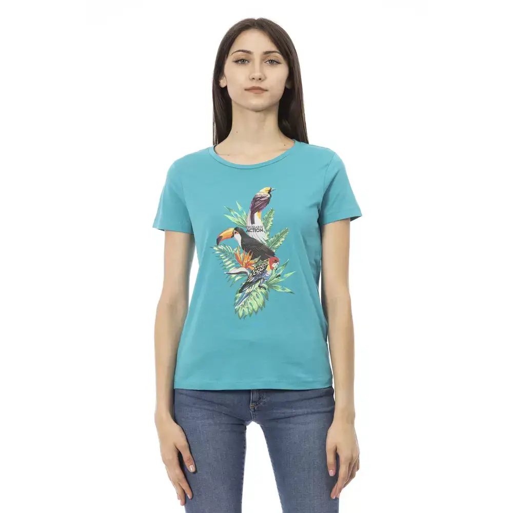 Trussardi Action lysblå bomuld kvinders t-shirt med turkis fugl og blade