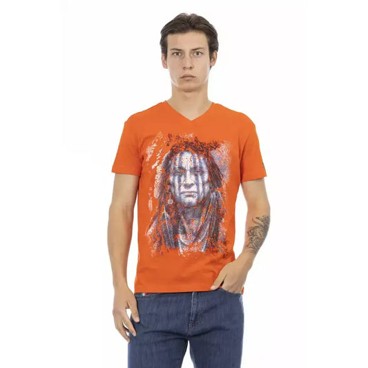 Trussardi Action Orange Cotton Men V-Neck T-Shirt