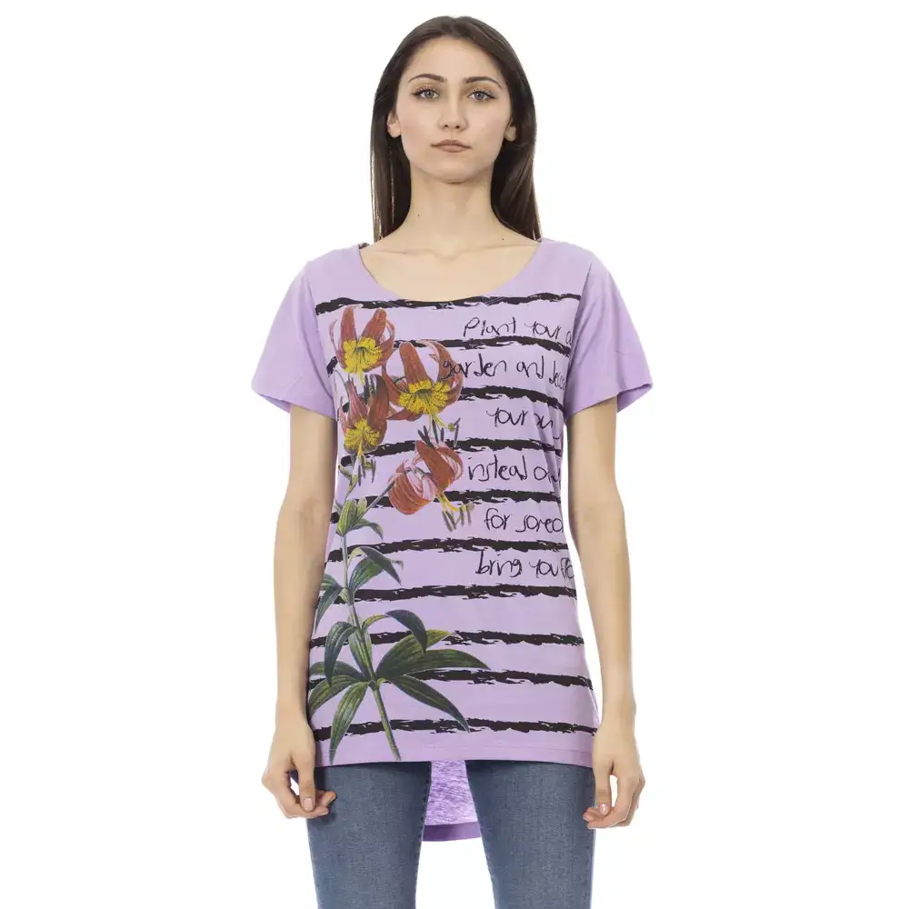 Trussardi Action Purple bomuldsskjorte med lavendel farve, blomstret stribet design og sort tekst