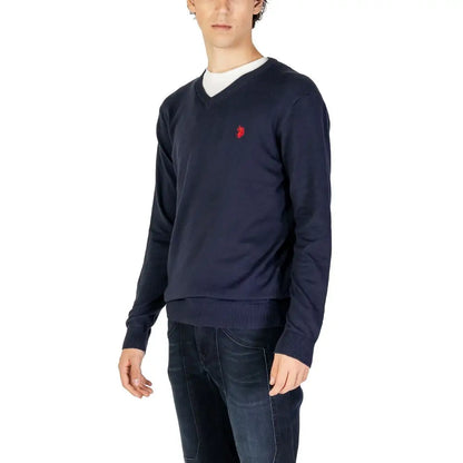 U.S. Polo Assn. blå bomuldscashmere sweater med navy v-hals og rødt logo