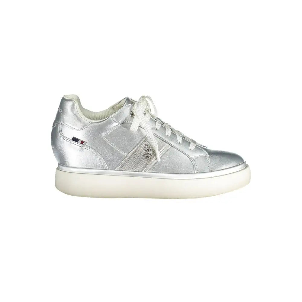 Sølvmetallic læder polo assn sneakers med hvide snører og creme sål