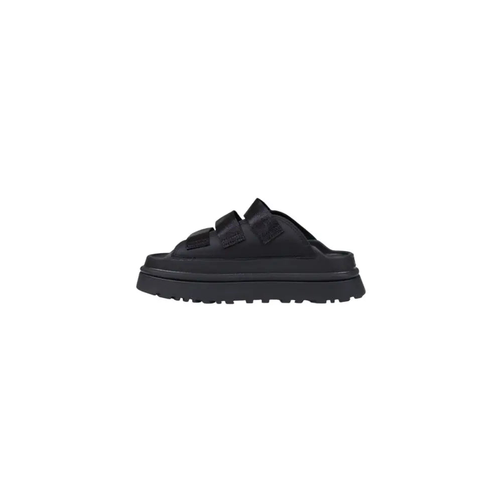 Sort UGG sort black kunstlæder platform slides med to velcro-remme og chunky gummisål