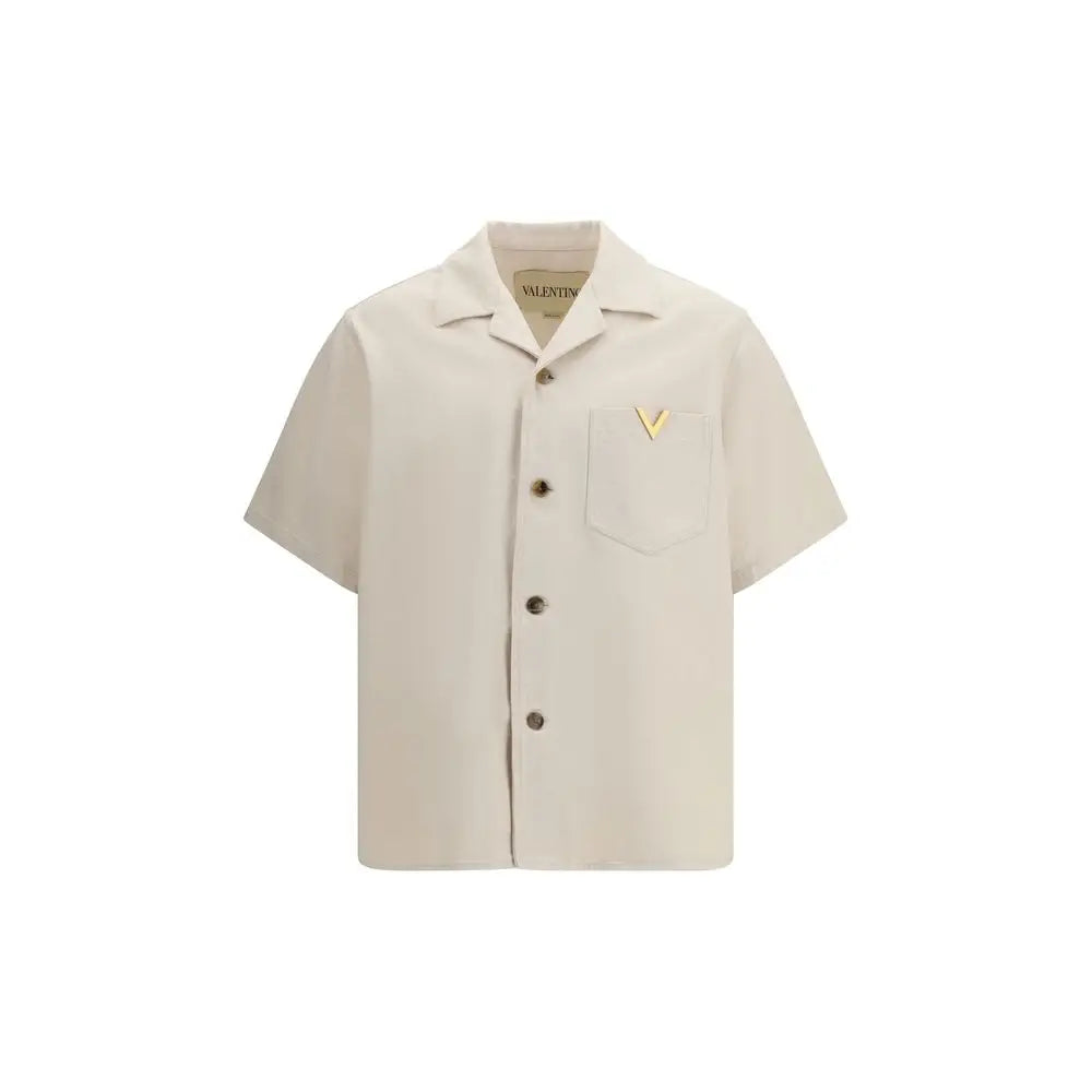 Valentino beige denim shirt i cremfarvet bomuldsstof med guld V-logo