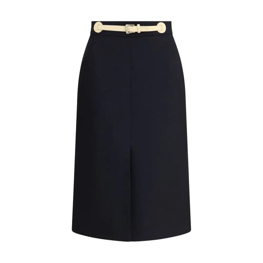 Valentino belted midi skirt i sort med cremekrave og sølvspænde