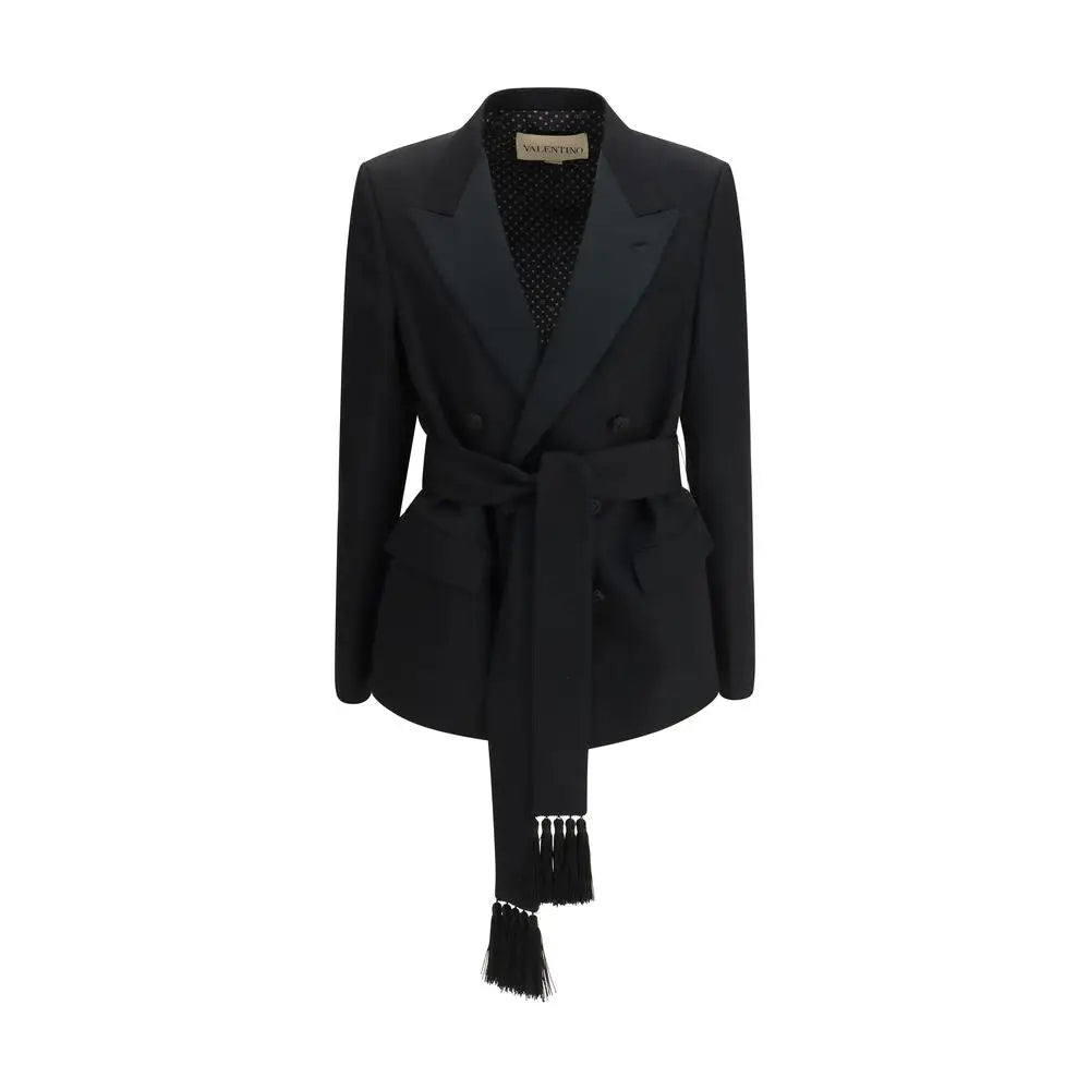 Valentino black fleece wool blazer with belted waist and tassel detailing