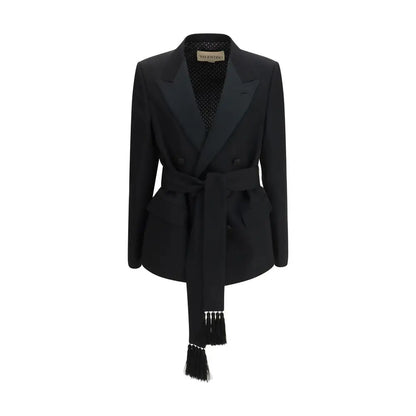 Valentino black fleece wool blazer with belted waist and tassel detailing