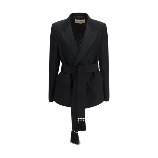 Valentino black fleece wool blazer with belted waist and tassel detailing
