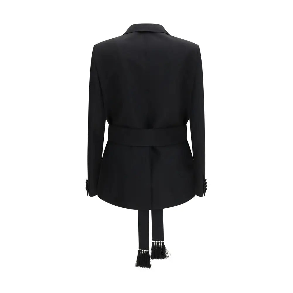 Valentino black fleece wool blazer med beltet talje og kvaster