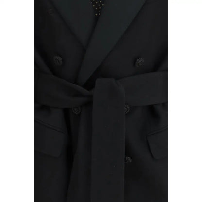 Valentino black fleece wool blazer med sort dobbeltknappet jakke, matchende bælte og mørke knapper