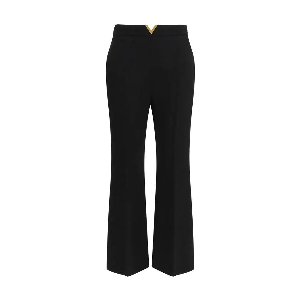 Valentino black fleece wool flared pants with gold-tone V-belt buckle